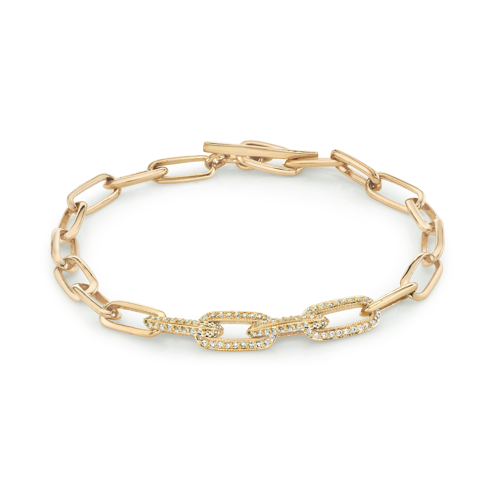Knife Edge Oval Link Chain Bracelet with Four Pave Links
