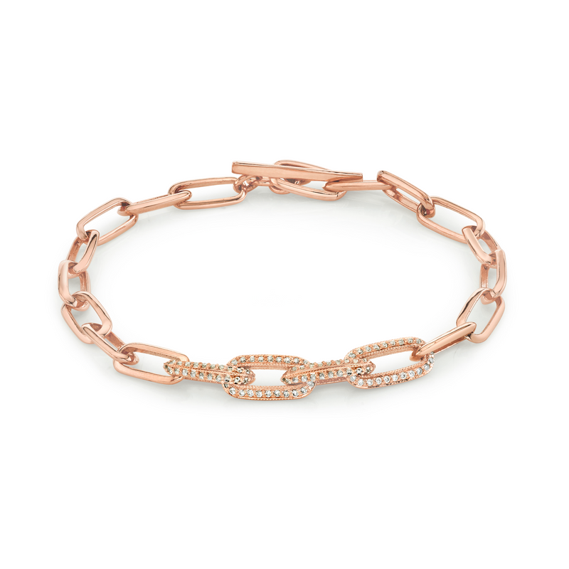 Knife Edge Oval Link Chain Bracelet with Four Pave Links