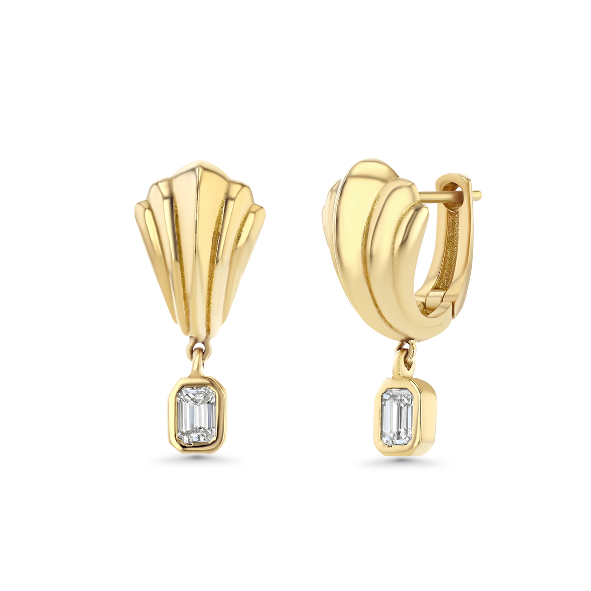 Fluted Huggies with Emerald Cut Drop