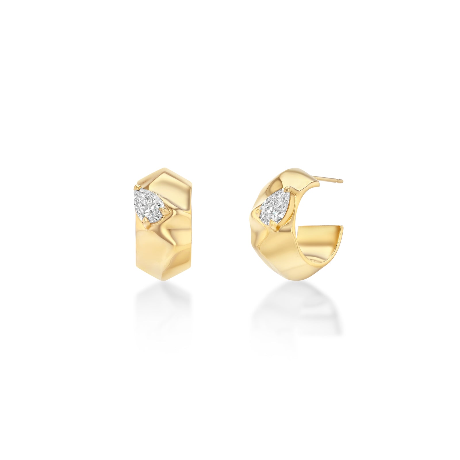 Gold hoop earrings with diamond accents on a white background