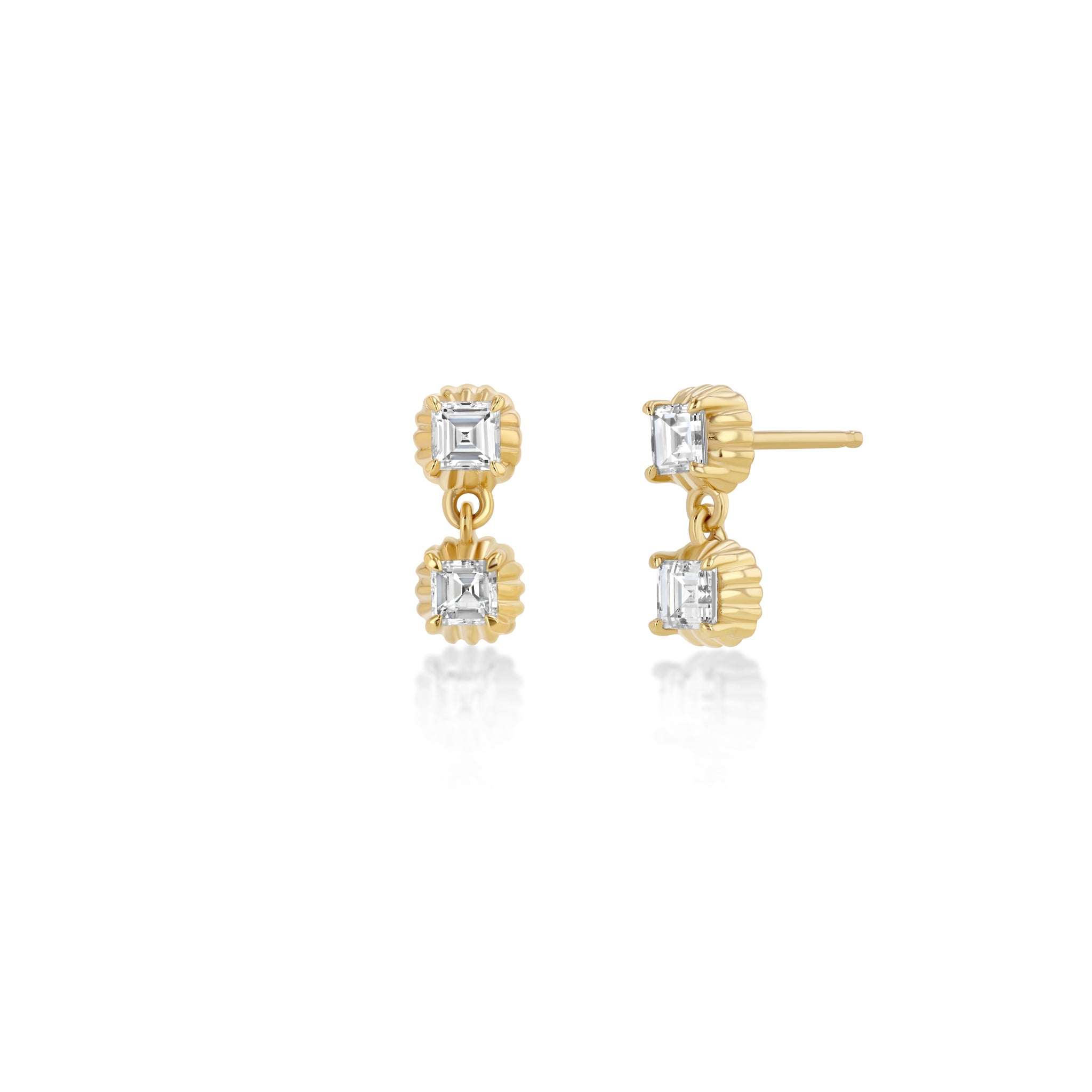 Fluted Bezel Carre Diamond Double Drop Studs - Lizzie Mandler