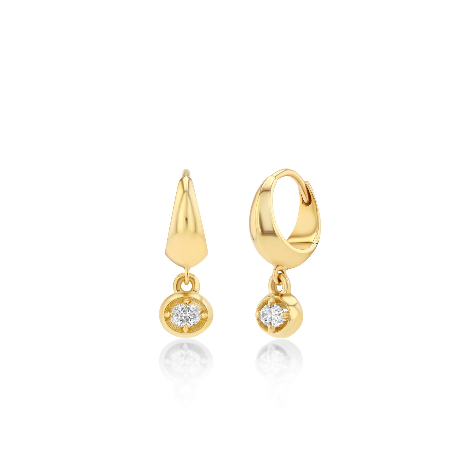 KnifeEdgeCrescentSmallHuggiewithdangleovalshapeddiamondinyellowgold