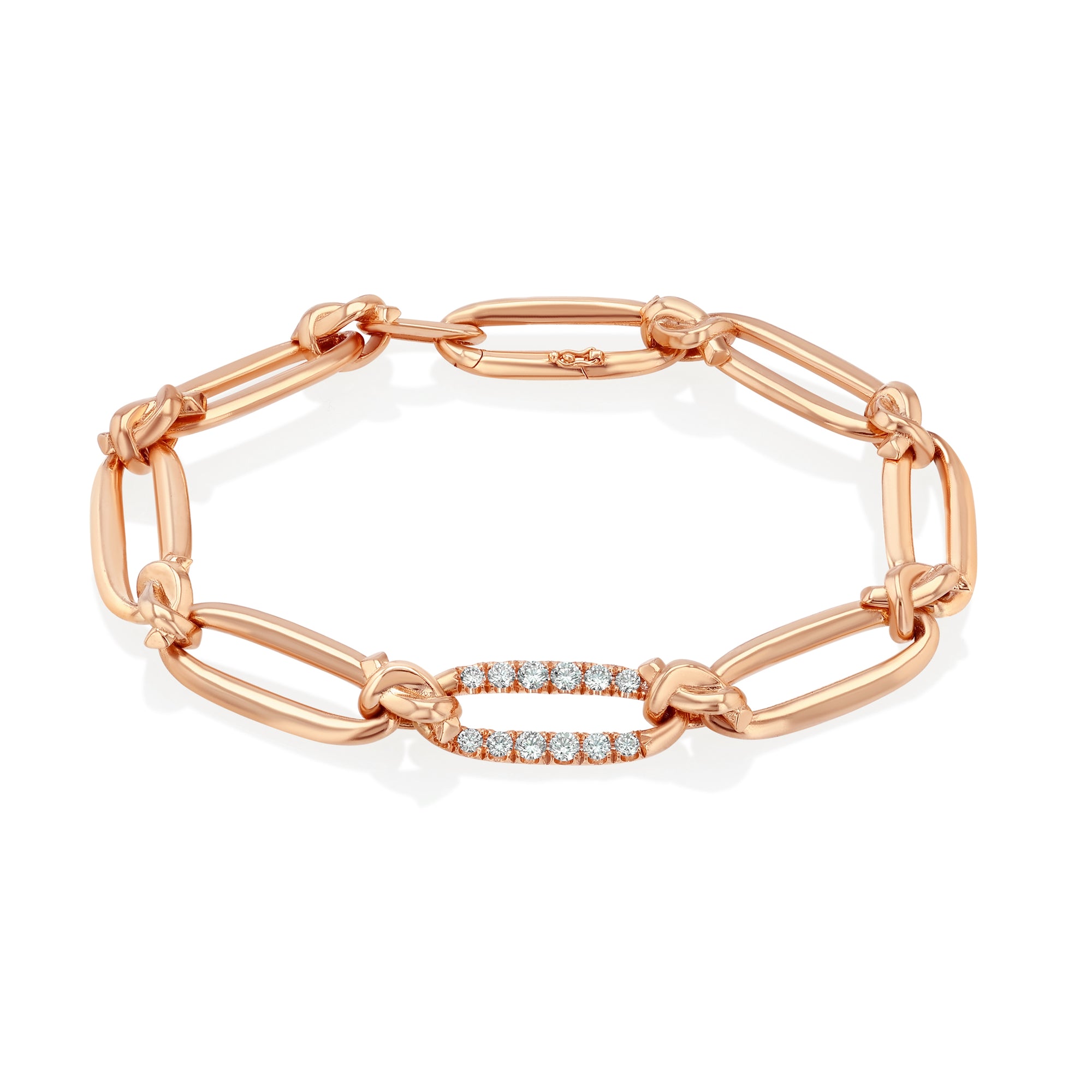Rose gold bracelet with diamond accents on a white background