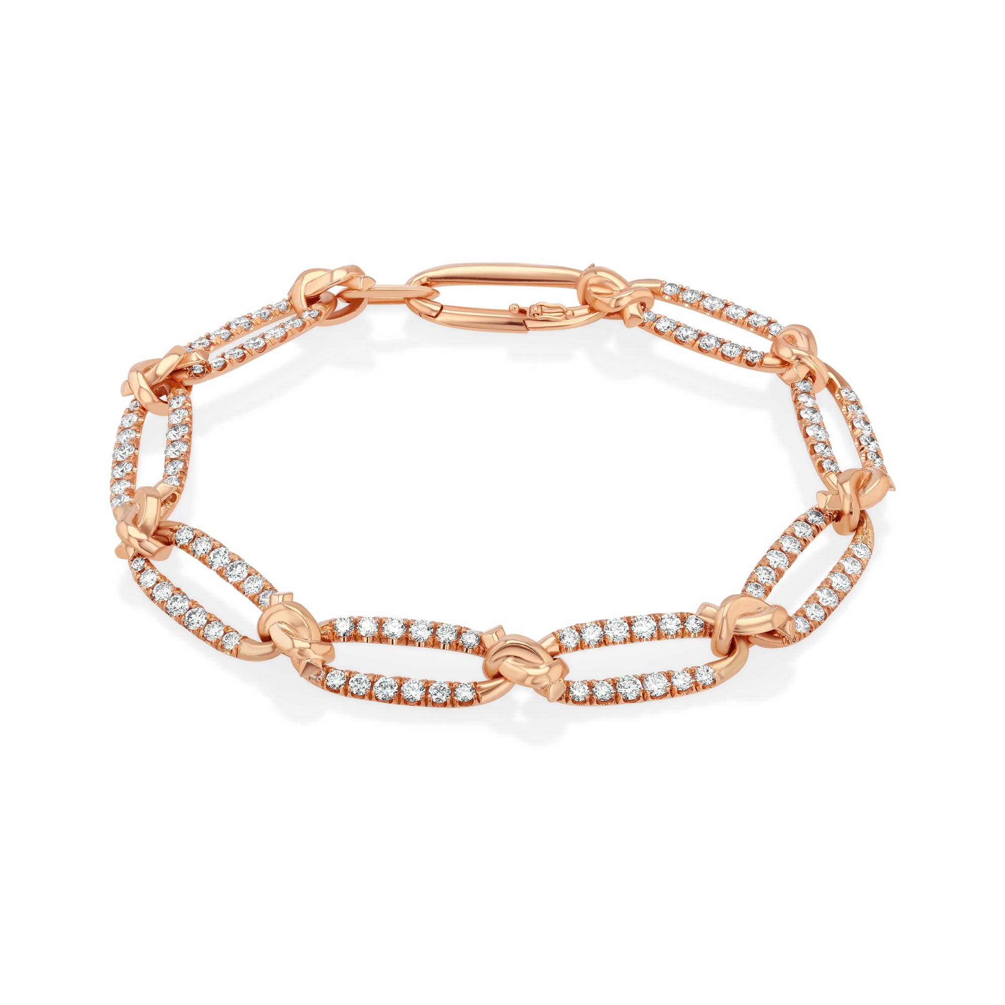 Rose gold bracelet with diamond accents on a white background