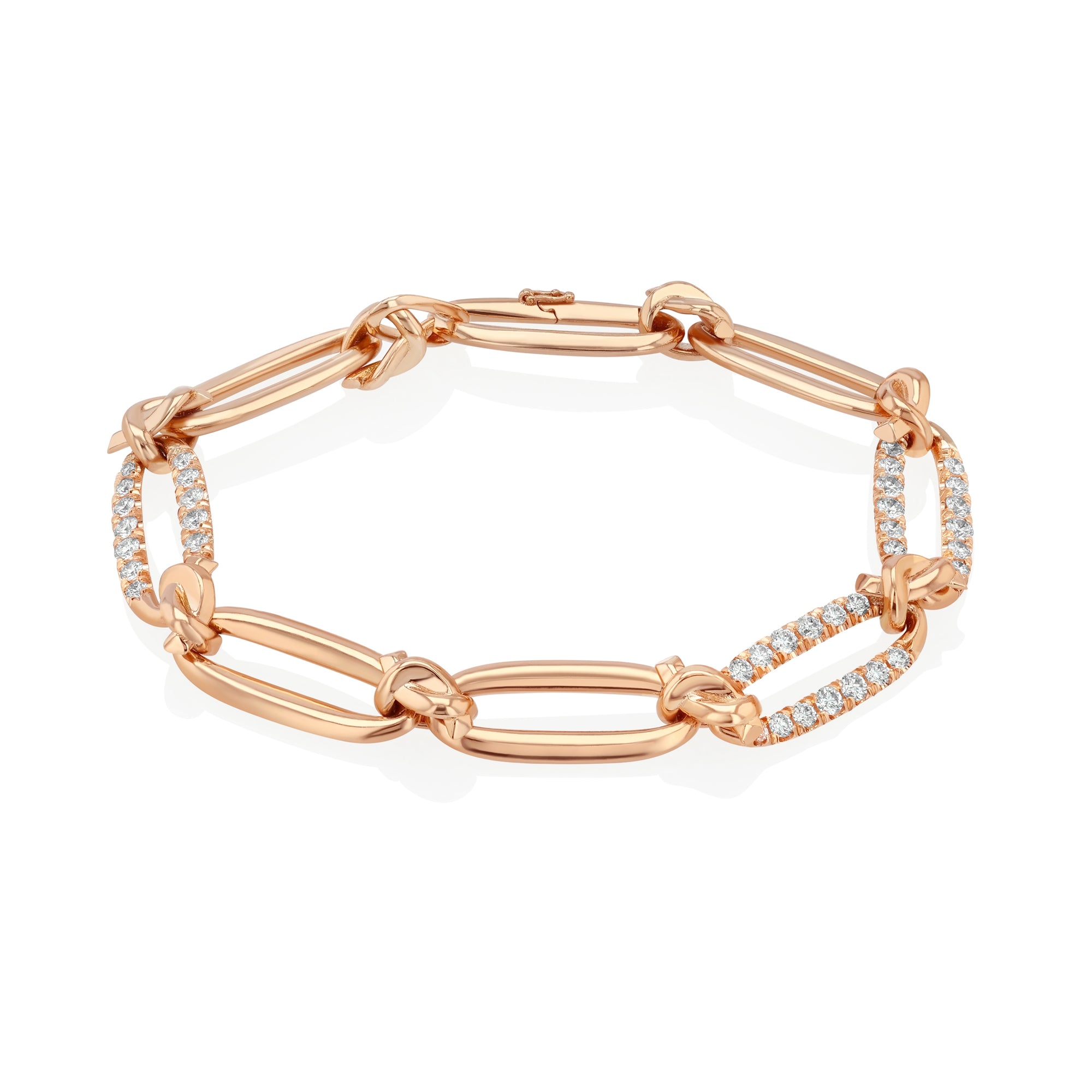 Rose gold bracelet with diamond accents on a white background