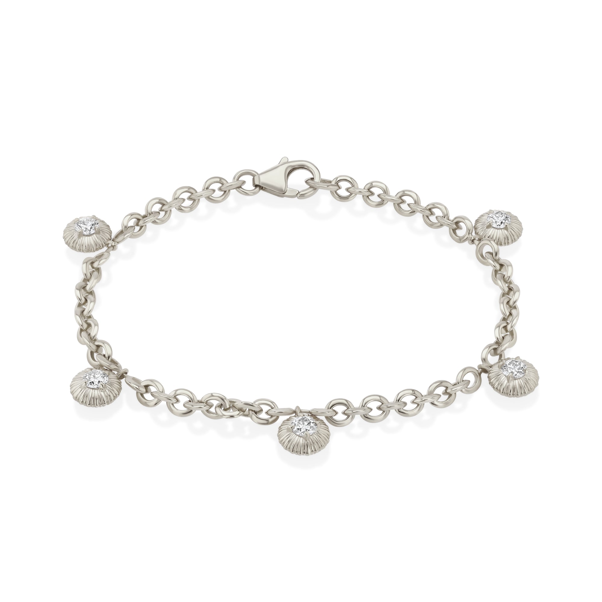 Silver bracelet with shell-shaped charms on a white background