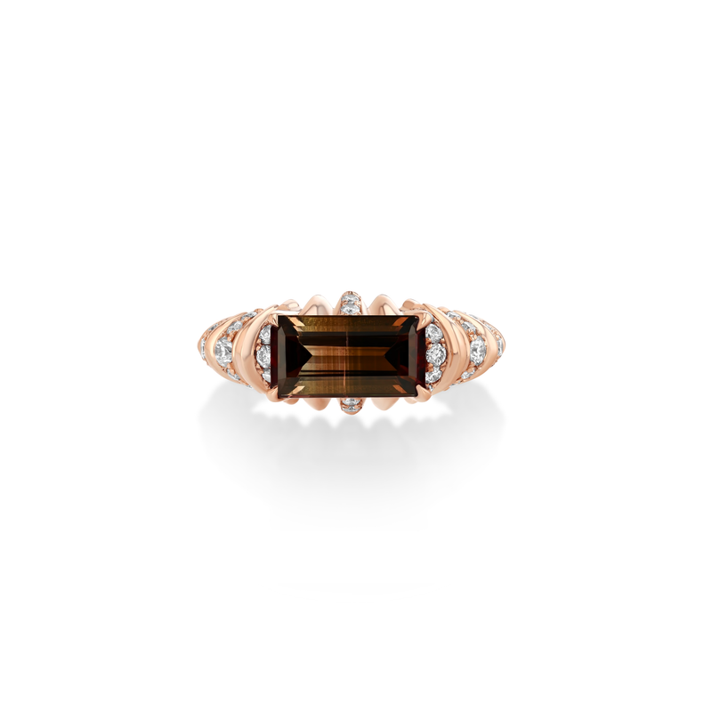 One Of A Kind Fluted Crescent Ring with Bi-color Tourmaline & Pave Stripes