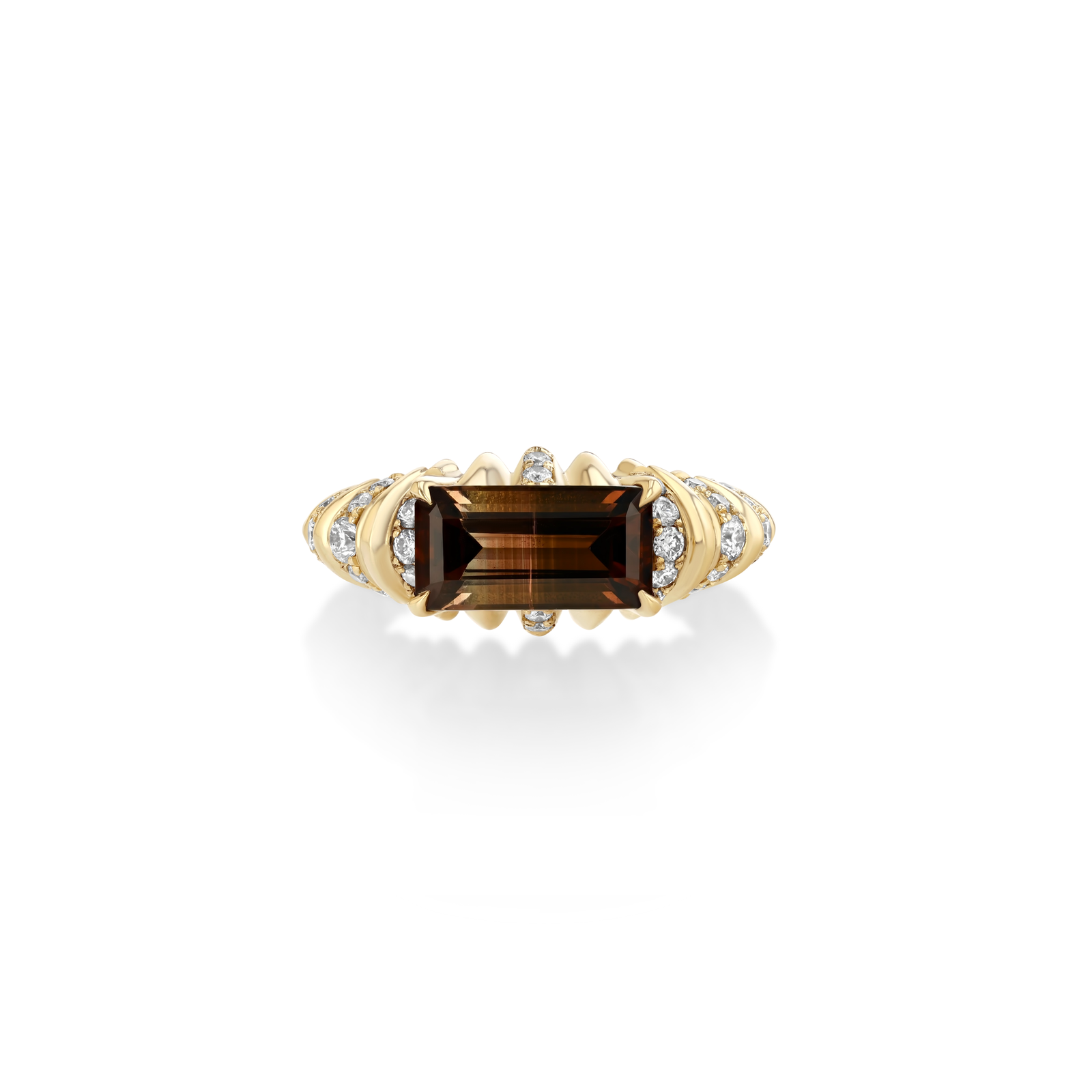 One Of A Kind Fluted Crescent Ring with Bi-color Tourmaline & Pave Stripes