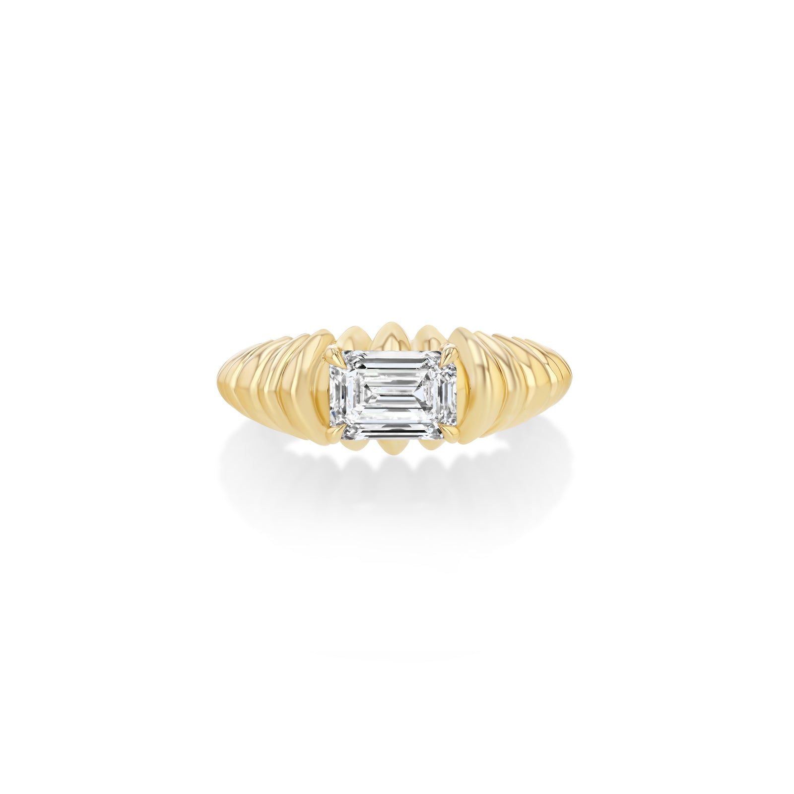 One of a Kind Fluted Crescent Ring with a White Diamond Emerald Cut