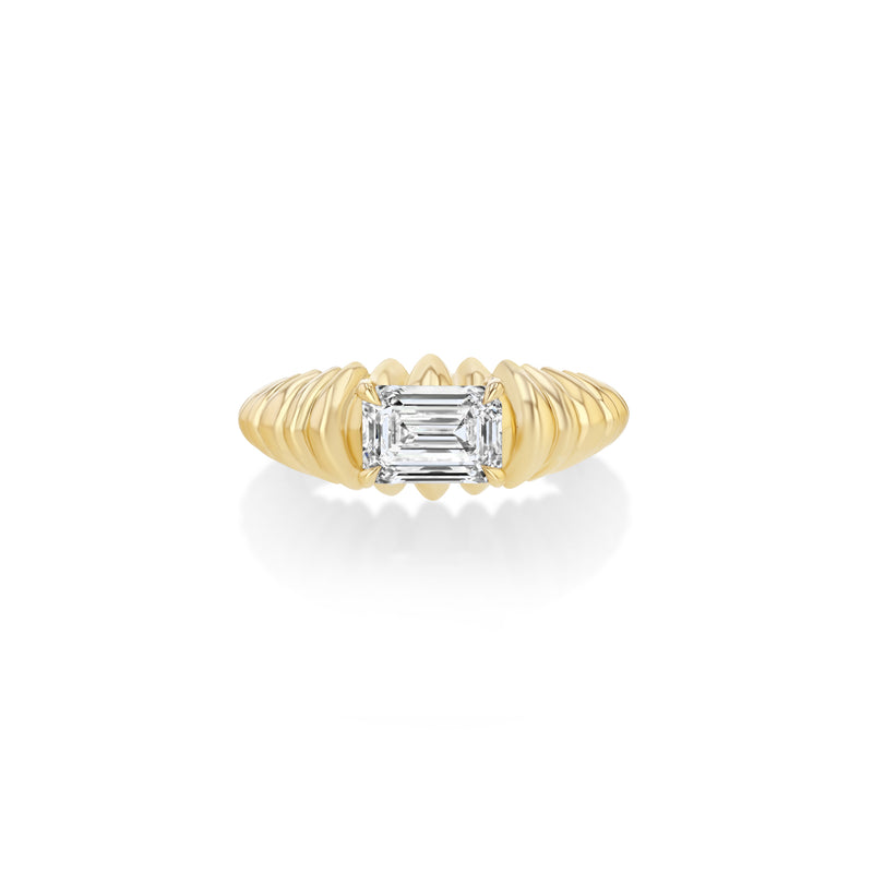 One of a Kind Fluted Crescent Ring with a White Diamond Emerald Cut