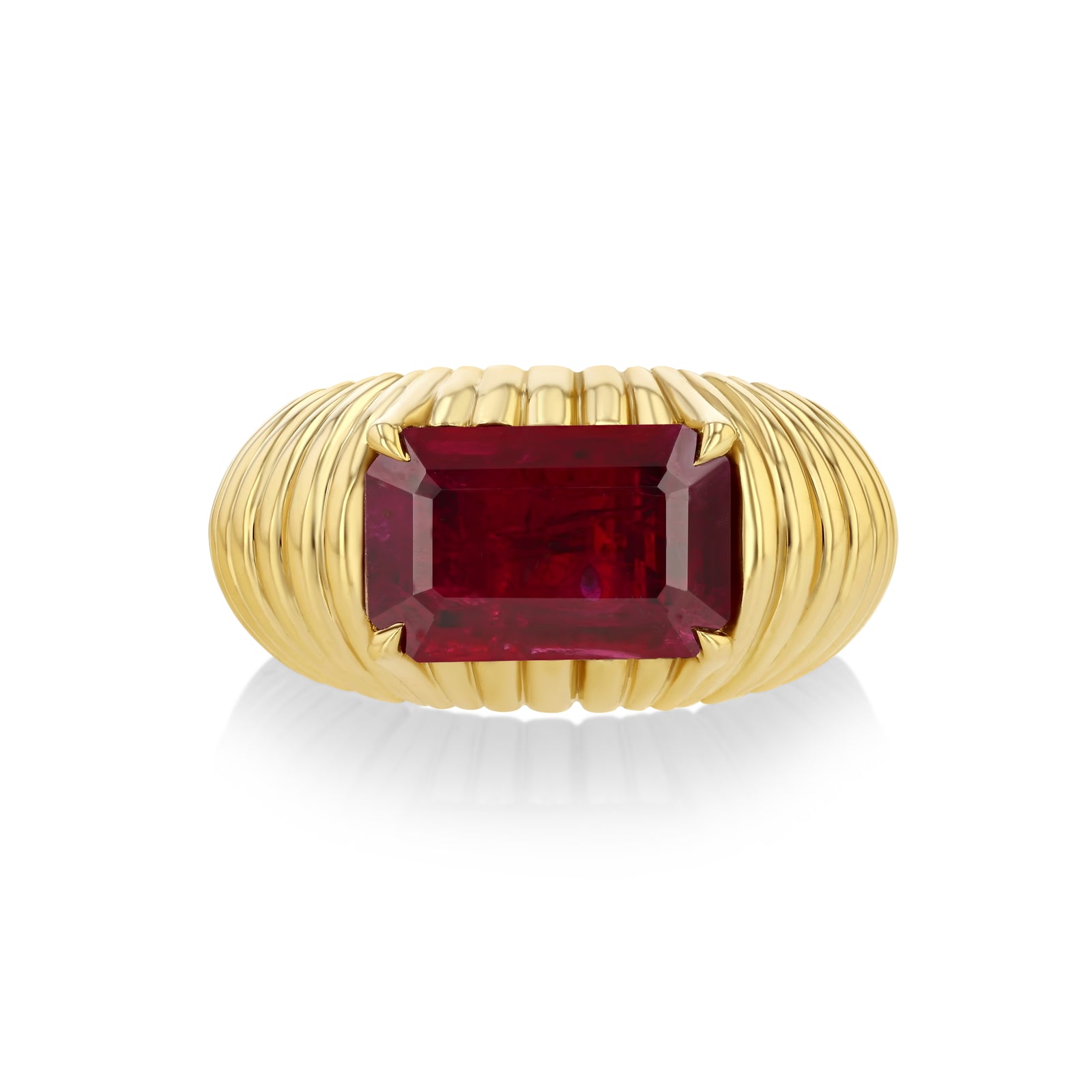 Fluted Ring With Emerald Cut Ruby Center Stone