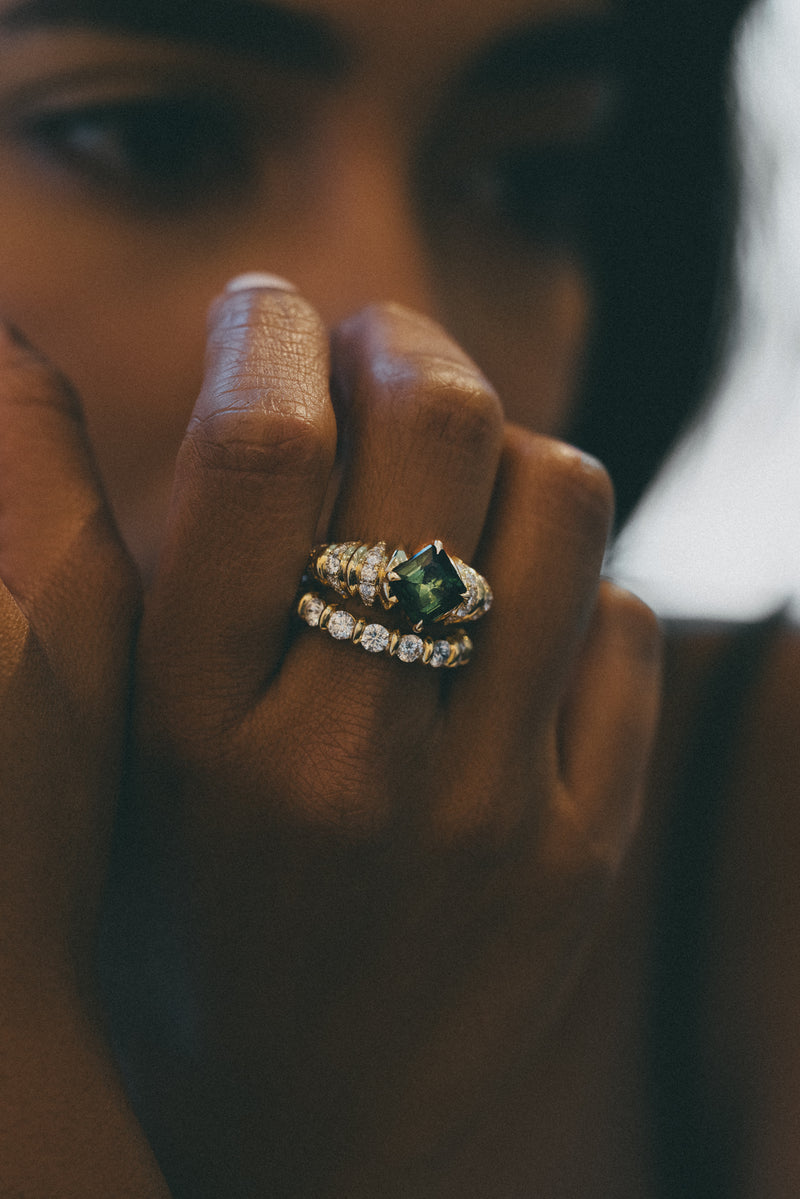 Pave Fluted Band with Green Asscher Tourmaline