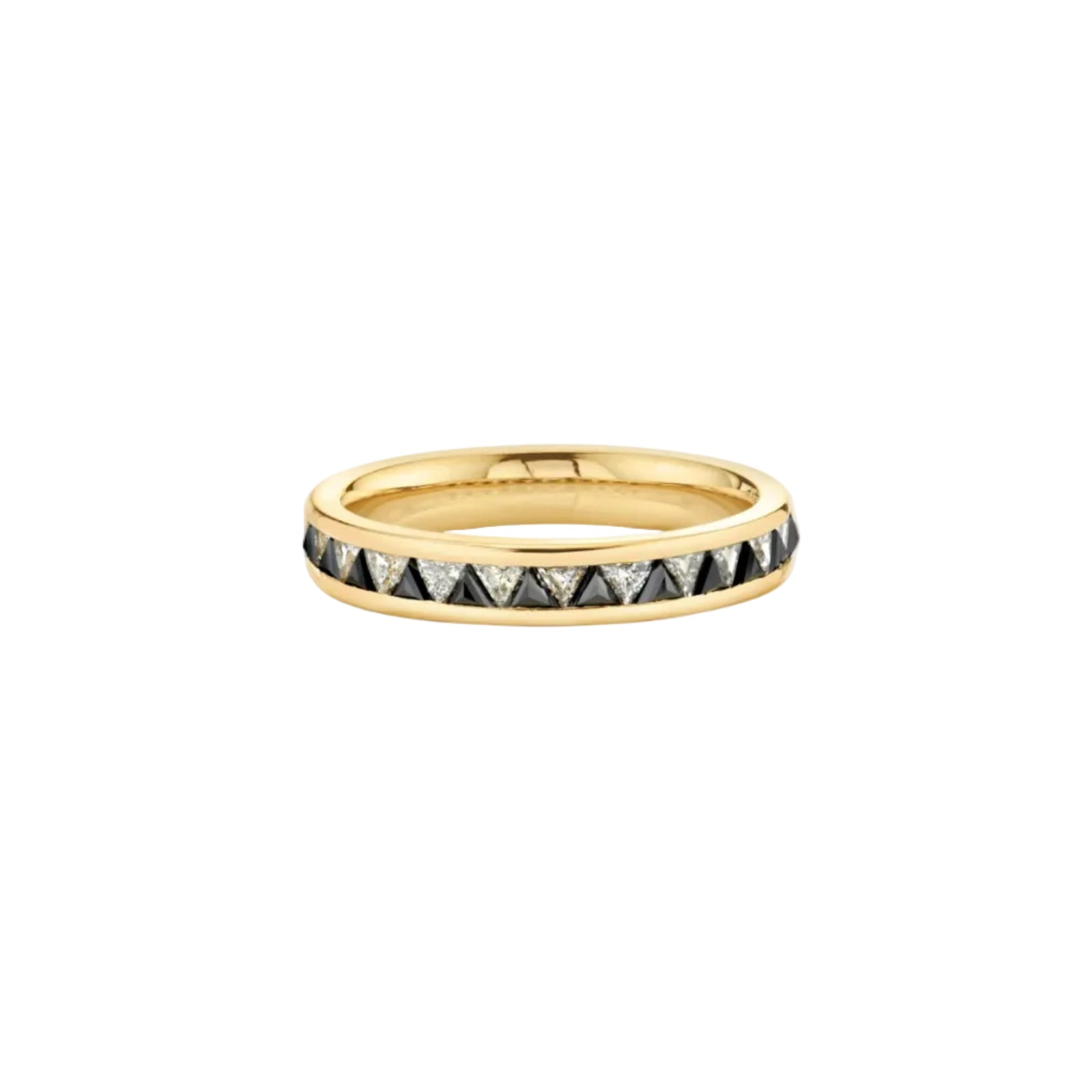 Gold ring with black and white diamond accents on a white background