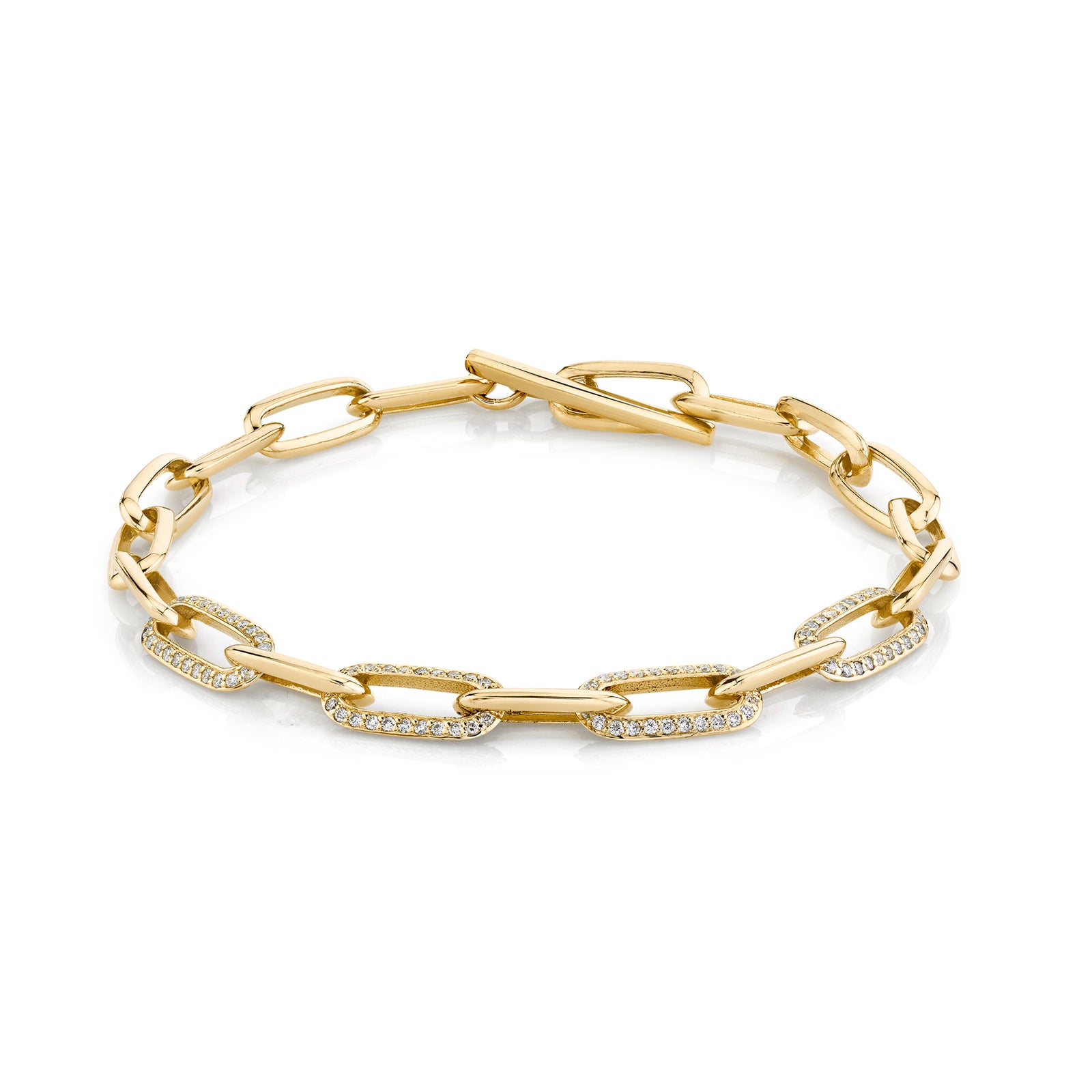 Knife Edge Oval Link Chain Bracelet with Four Alternating Double-Sided Pave Links