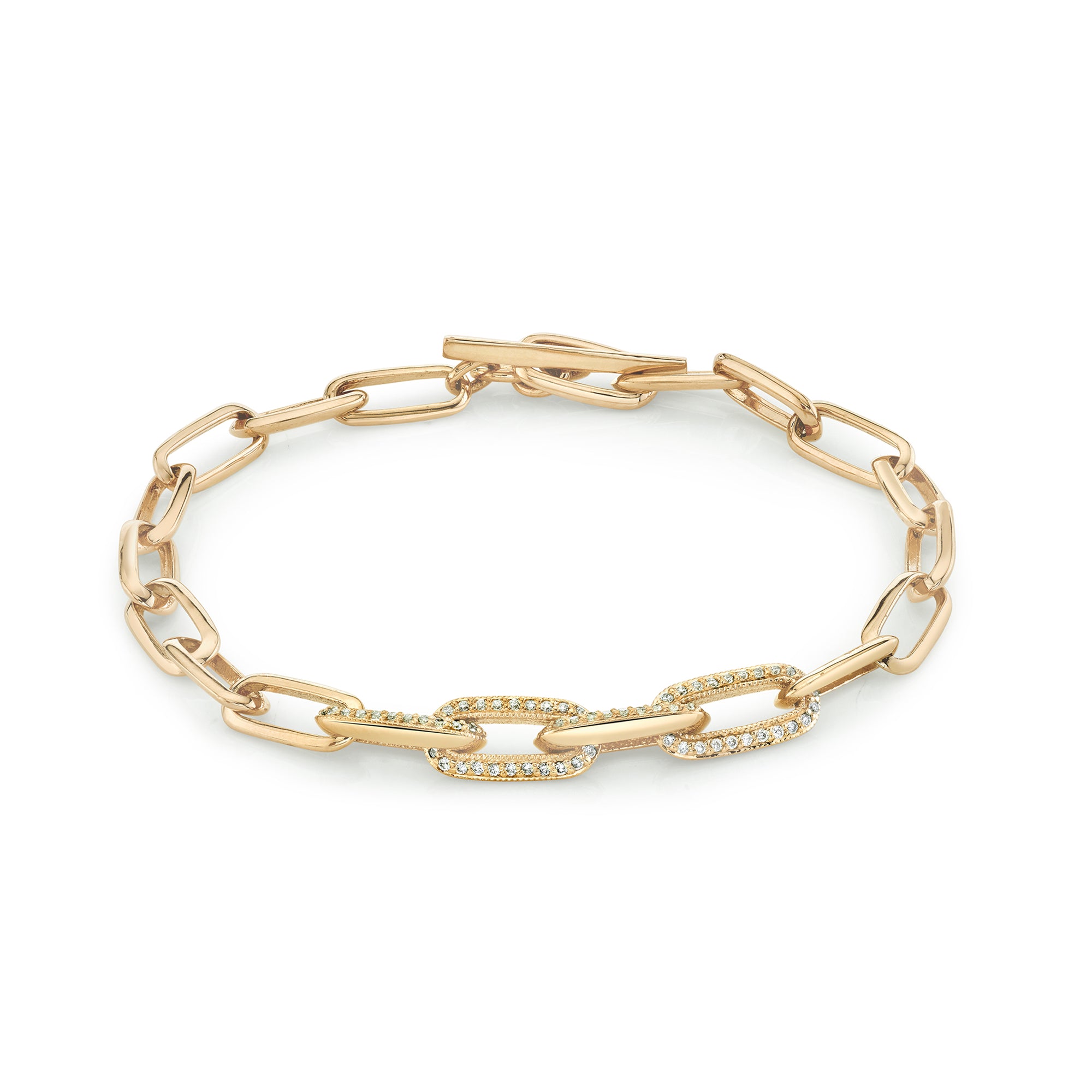 Knife Edge Oval Link Chain Bracelet with Four Half-Pave Links