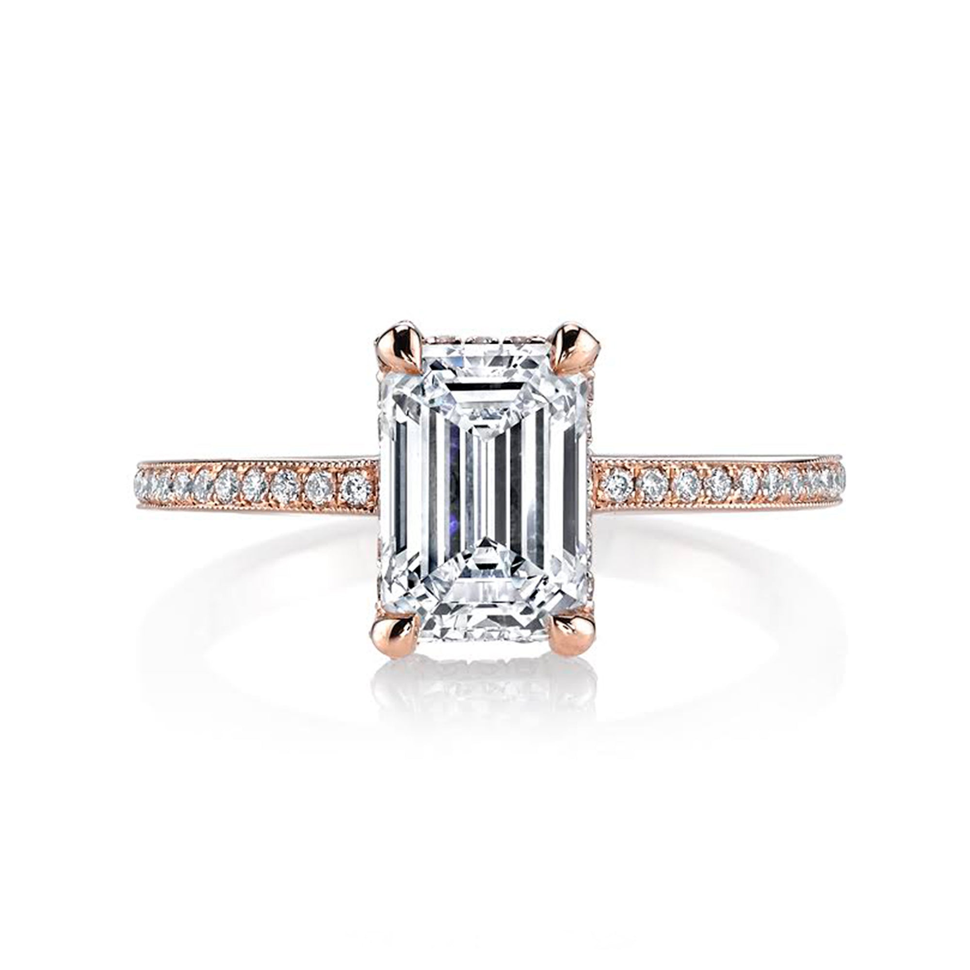 Emerald Cut Diamond with Rose Gold Single Row Pave Band and Basket