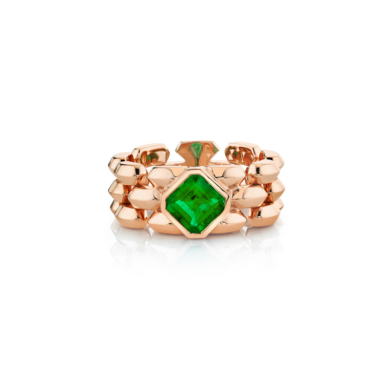Three Row Cleo Ring with Asscher Cut Emerald Center